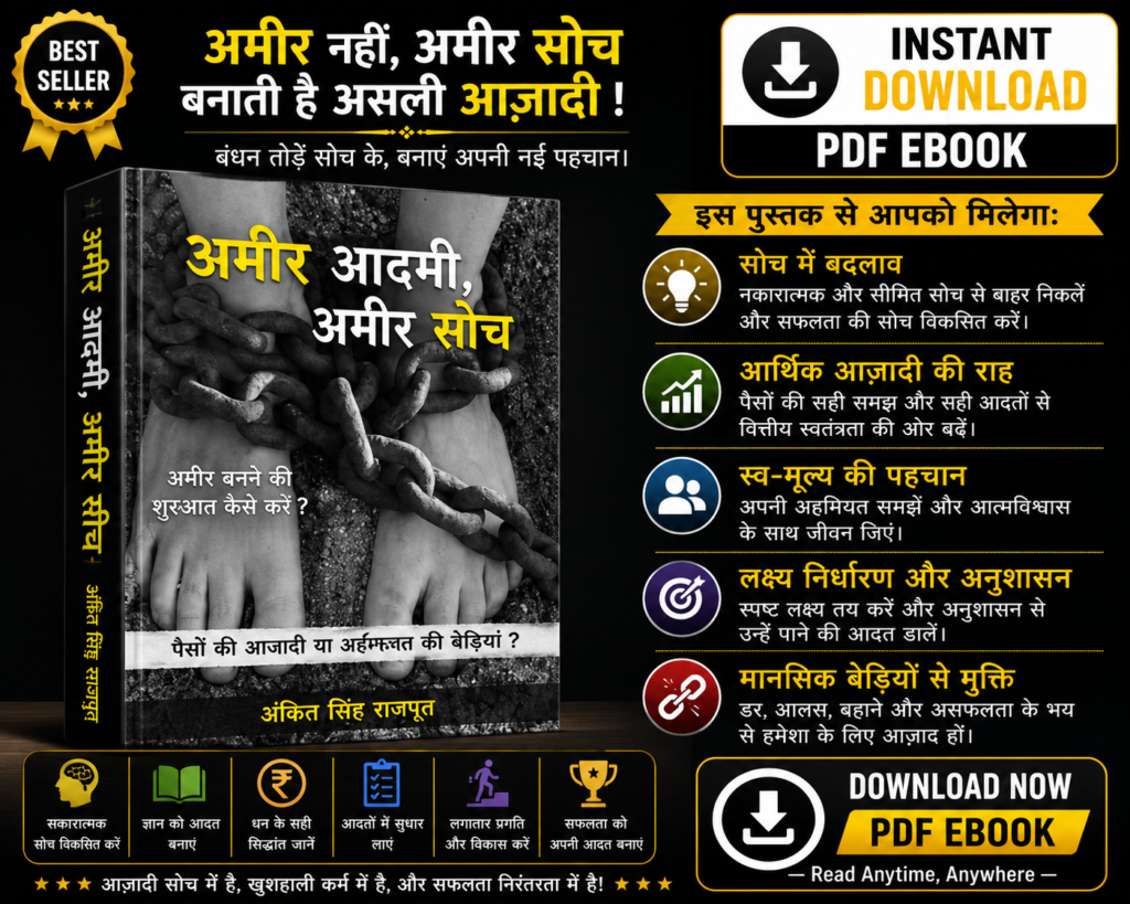 Ameer Aadmi Ameer Soch Hindi eBook about wealth mindset, financial freedom, discipline, and personal growth.