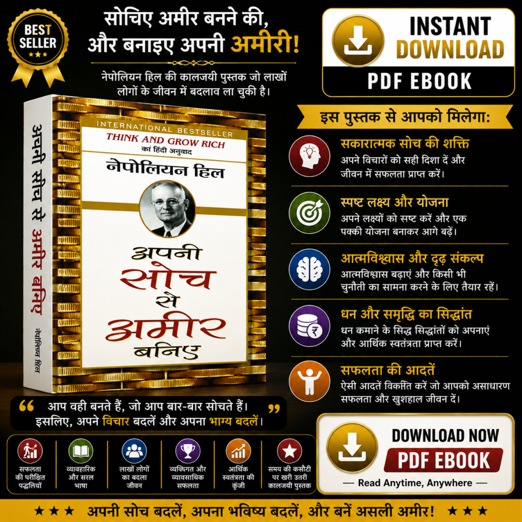 Think and Grow Rich Hindi eBook by Napoleon Hill about success, wealth mindset, goal setting, and financial freedom.